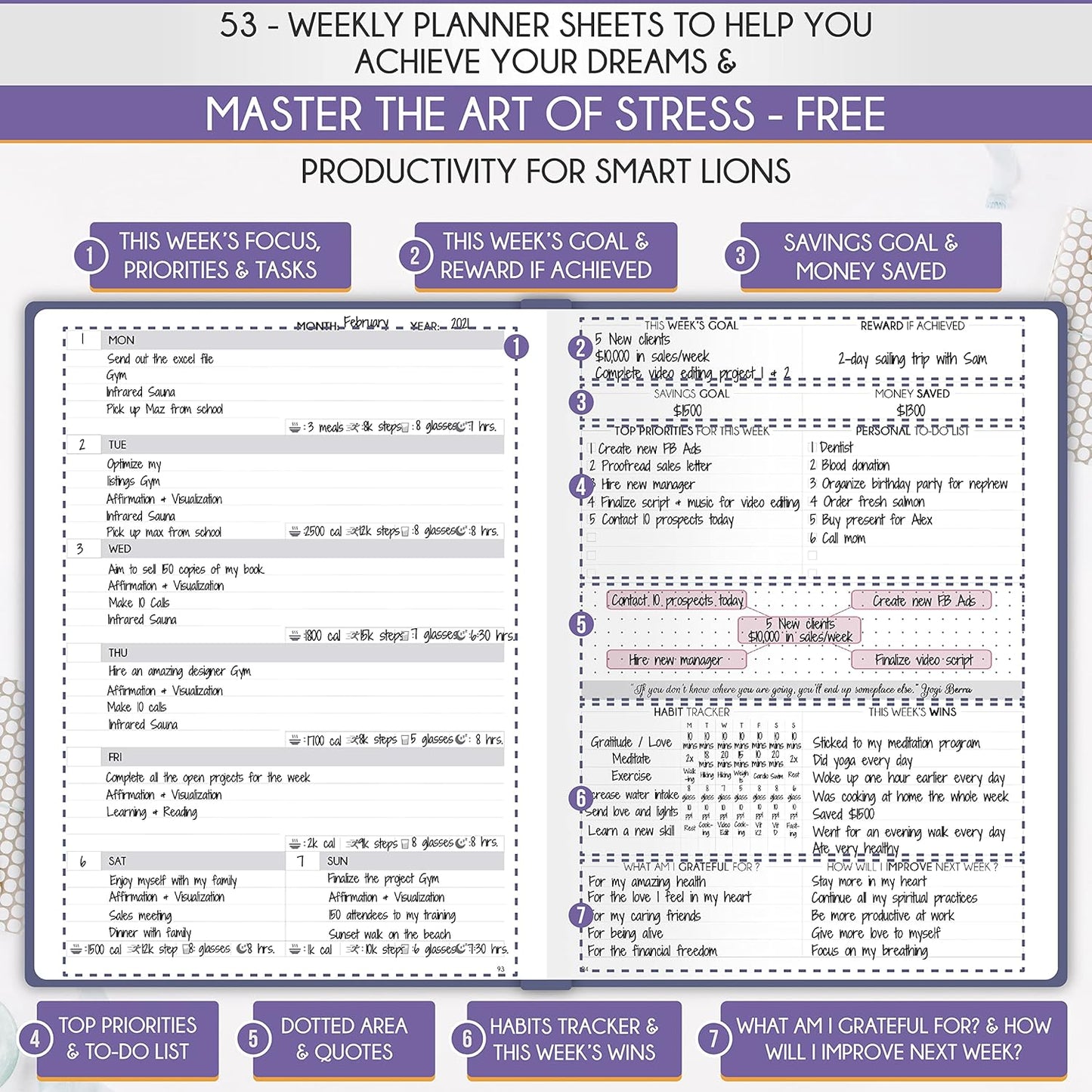 Life Planner - Undated Daily, Weekly & Monthly Planner with Budget Section | A 12 Month Journey to Increase Productivity & Happiness | Life Organizer & Gratitude Journal - Horizontal Format