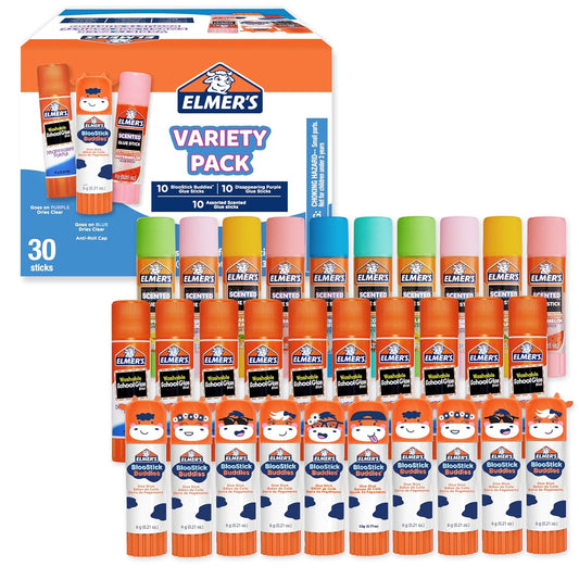 Elmer's Glue Stick Variety Pack, Featuring BlooStick Buddies, Disappearing Purple, and Scented Glue Sticks, Assorted, 30 Count