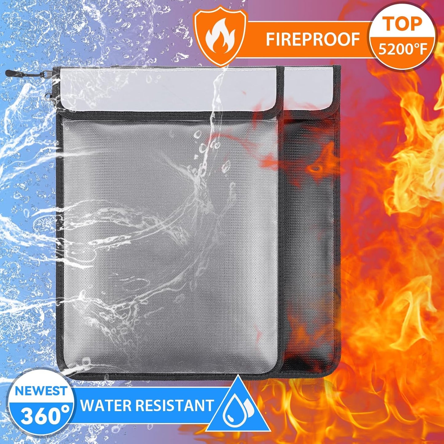 2 Pcs 5200°F Upgraded Fireproof Document Bag, Fire and Water Resistant Bag with Zipper for Documents, 15 x 11 Inch Waterproof Fireproof Money Bag for Important Document Storage Organizer(Black&Gray)