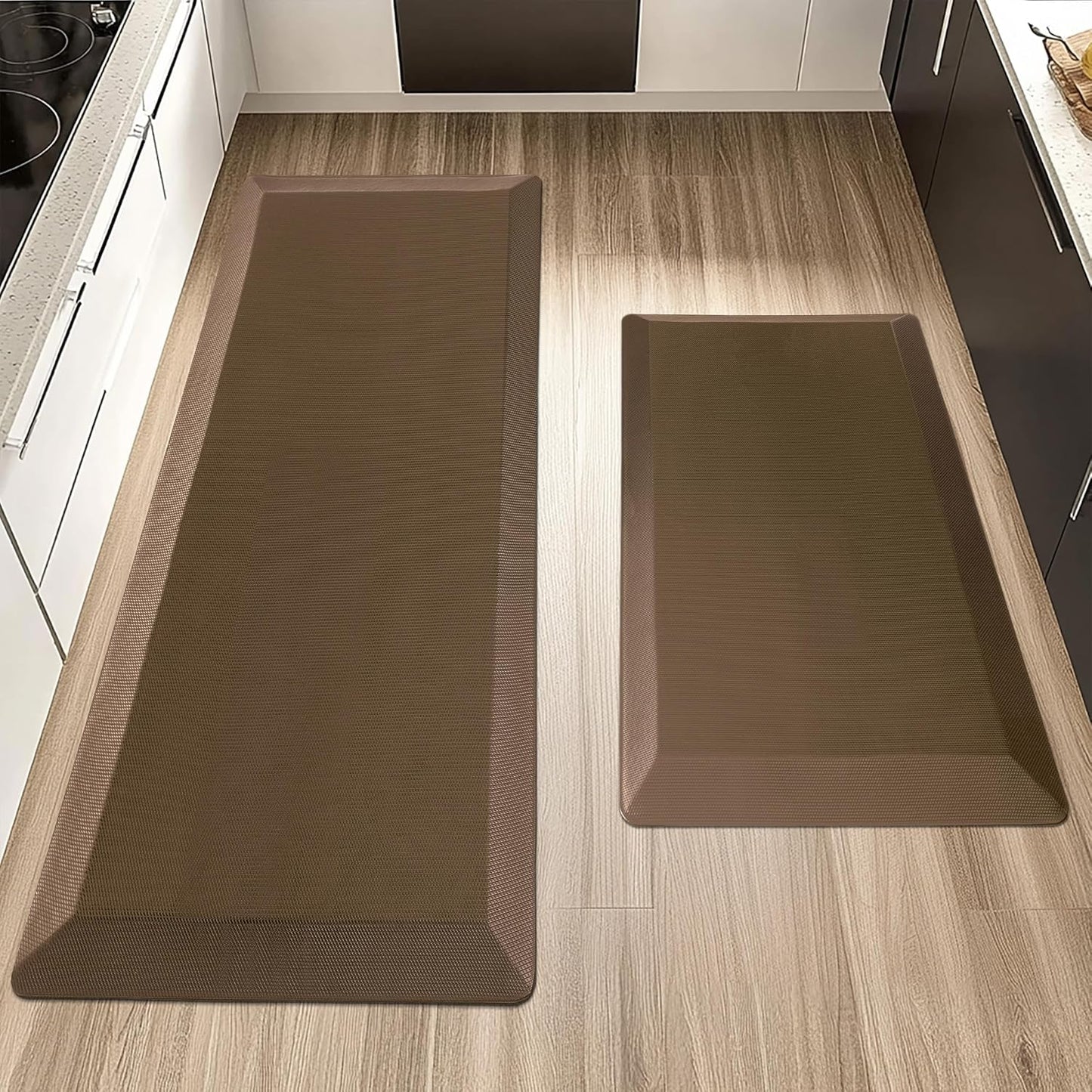 2 PCS Anti Fatigue Kitchen Mats for Floor, Brown 9/10 Extra Thick Cushioned Standing Desk Mat, Comfort Memory Foam Ergonomic Rugs and Mats Non-Slip Waterproof for Office, Kitchen, 20"x32"+20"x48"