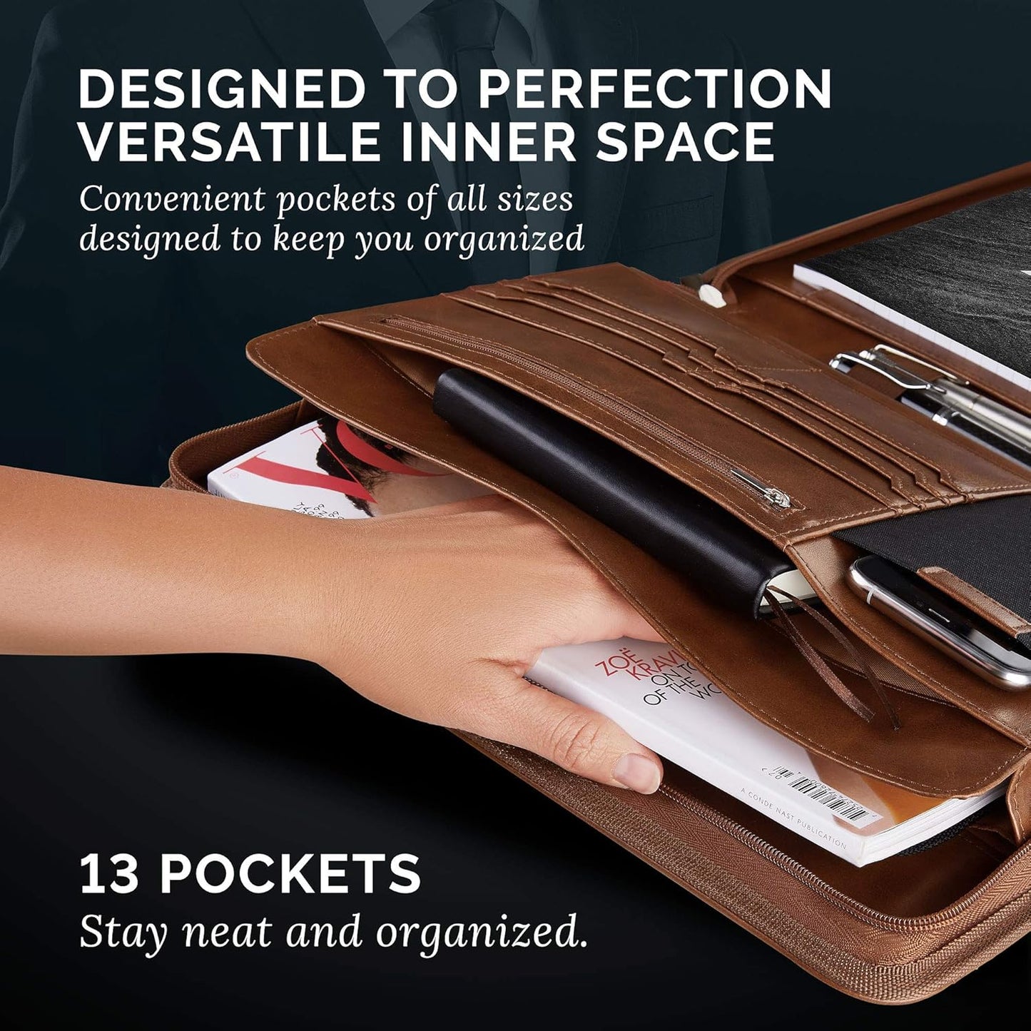 NERO MANETTI- Zippered Vegan Leather Padfolio/Portfolio Pad Holder-Business PU Leather Notepad Folder for Resumes, Interviews, iPad/Tablet, Phone, Legal Pad Notebook Executive Binder for Women, Men