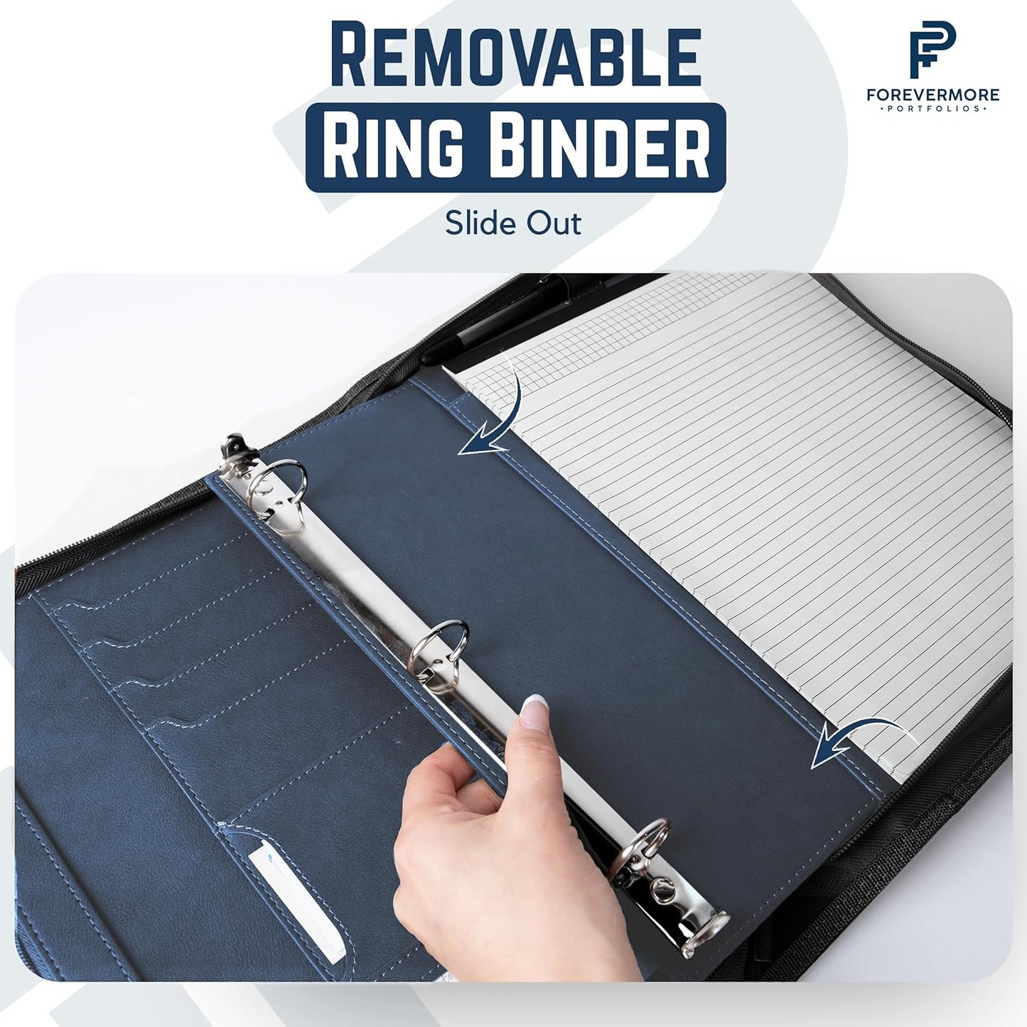 Padfolio Binder - Professional Faux Leather Travel Organizer Pouch for Tablet, Documents, Presentation Folders, Zipper Closure, Removable 3-Ring Notepad - Blue