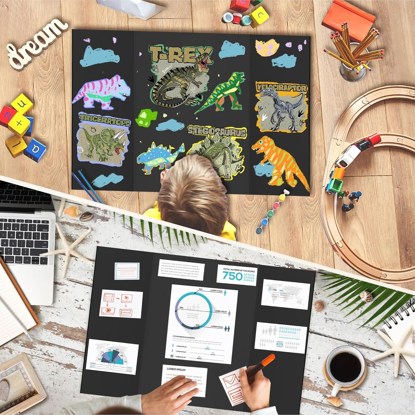 Chell Mini Size Trifold Poster Board, 16" x 24", Small Corrugated Project Boards, Black, 2 Pack