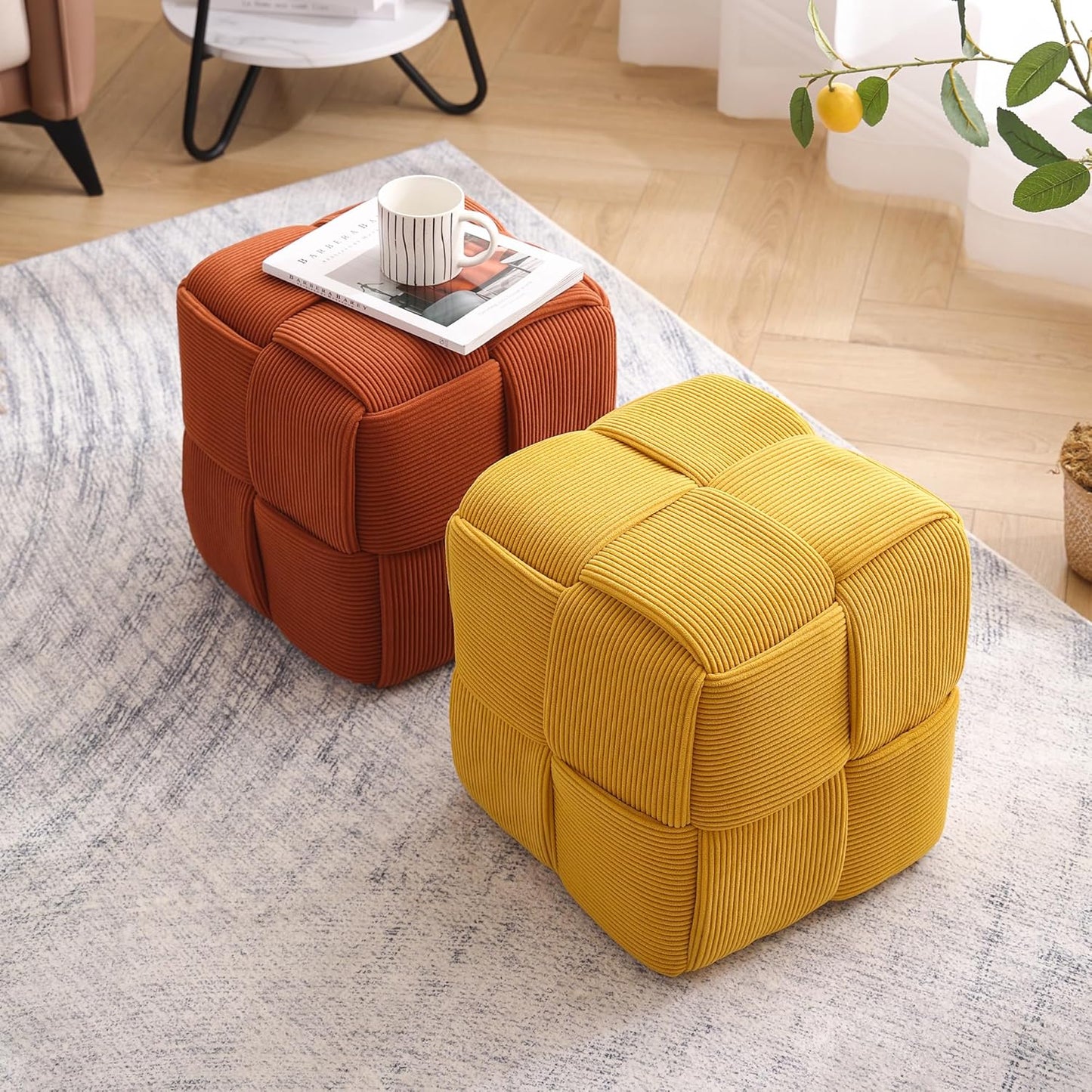 Ottoman Foot Rest Soft and Comfortable Ottoman Square Corduroy Woven Design Sofa Stool (Yellow)