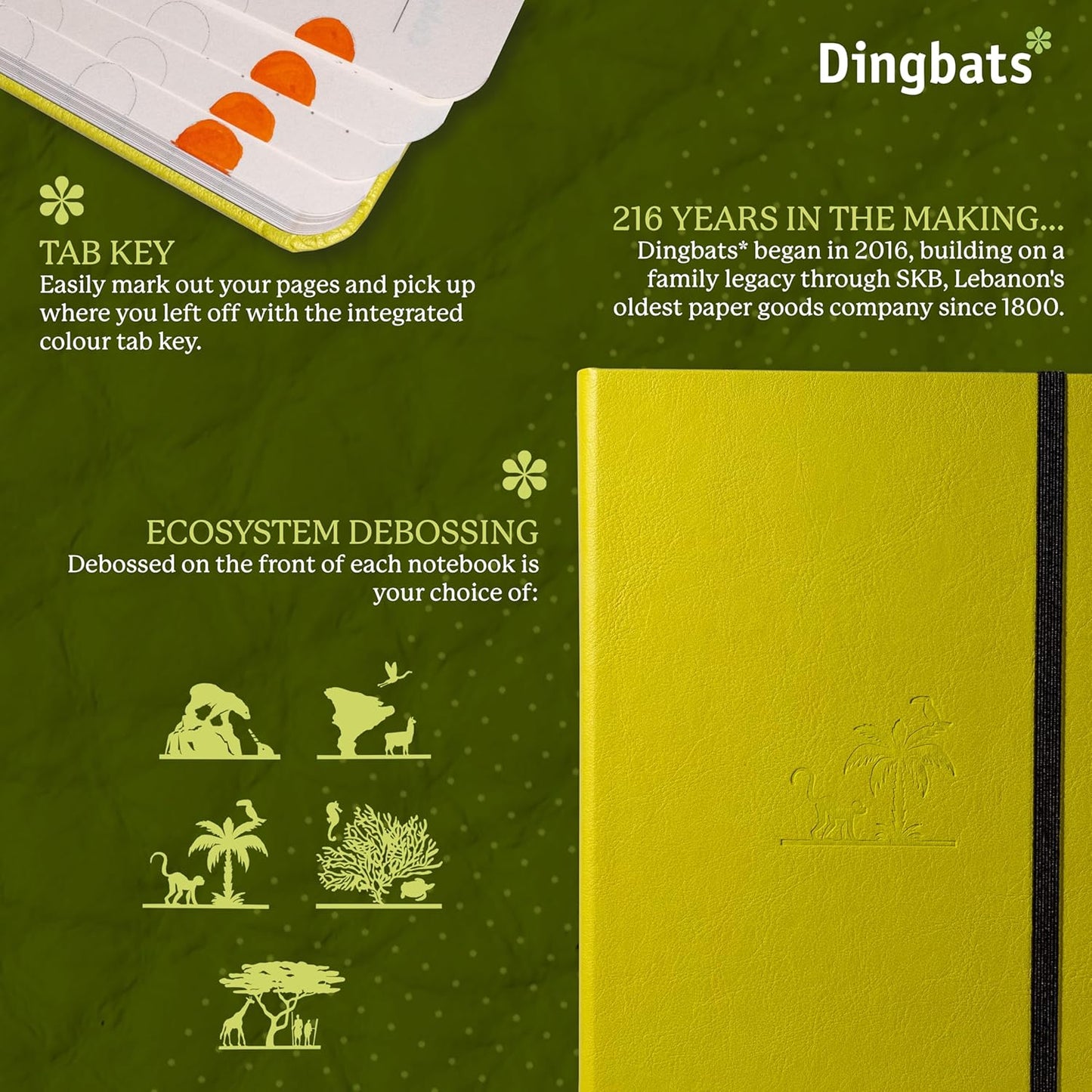 Dingbats* Earth Dotted Writing Journal Notebook A5 - Vegan Leather Hardcover - Ideal for Work, Travel - Pocket, Elastic Closure & Bookmark