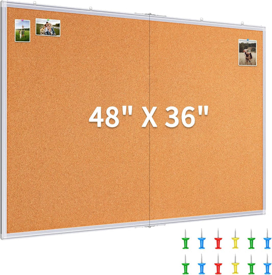 maxtek Large Cork Board 48 x 36 in, Bulletin Board for Walls, 4'x 3' Extra Aluminum Framed Corkboard, Foldable Wall Mounted Pin Memo Notice Cork Board for Office, Home Wall Display