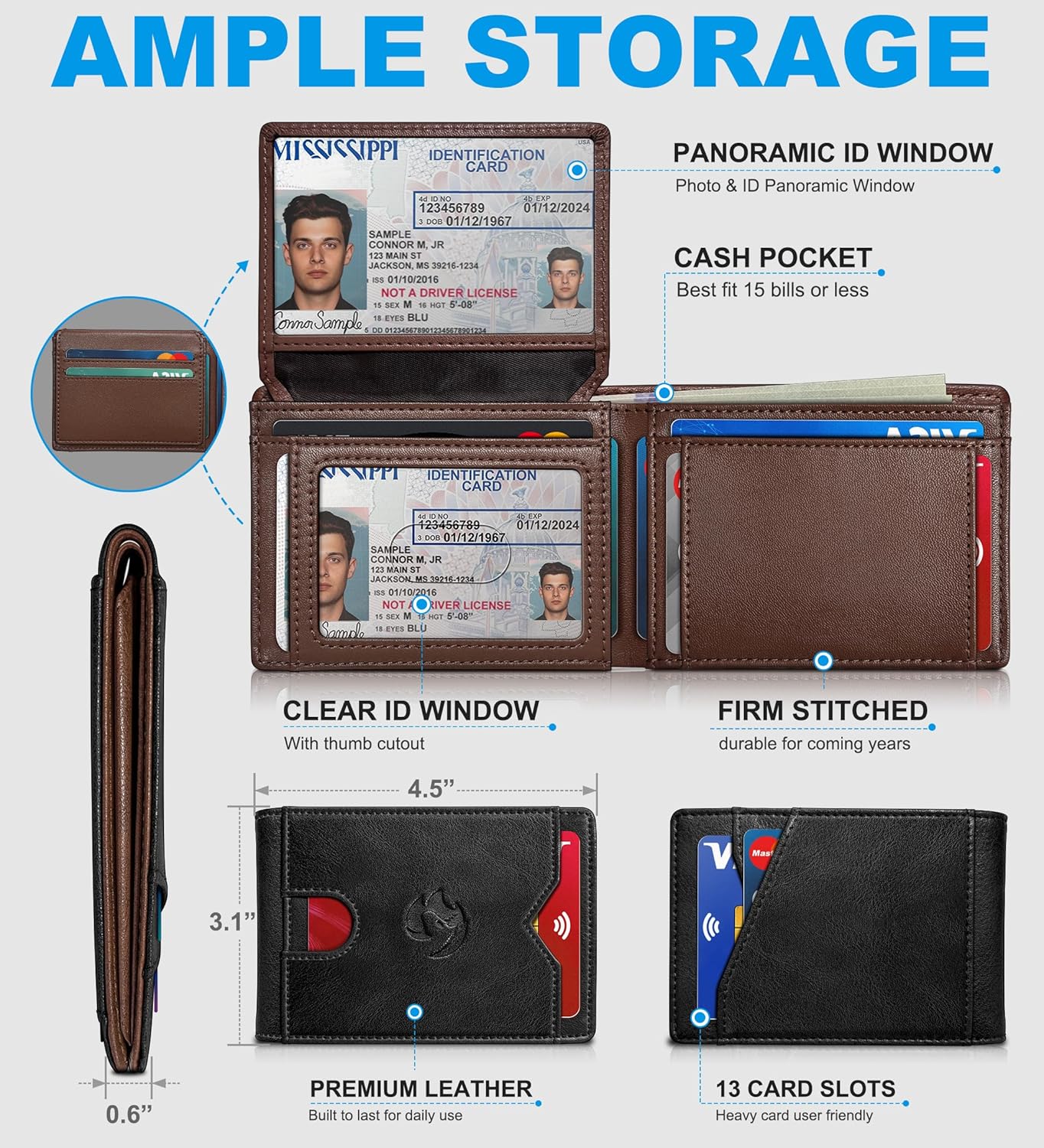 Wallet for Men Wallet with Cash Pocket 2 ID Window 13 Cards,Slim Leather Wallet Front Pocket Card Holder RFID Blocking with Gift Box