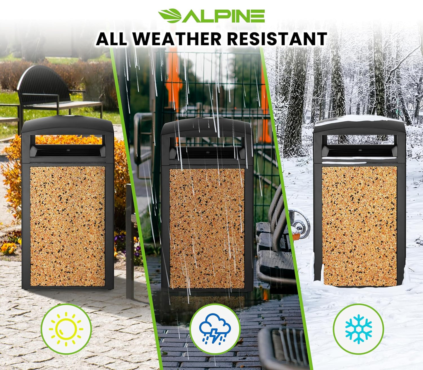 Alpine Outdoor Commercial Trash Can with Lid - 40 Gallon Heavy Duty Metal Garbage Can with Removable Bin, Locking Lid & a Modern Look in Park & High Traffic Areas (Black, Brown Stone Panels with Tray)