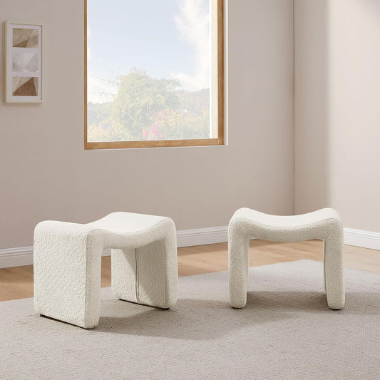 Modern Boucle Ottoman, Vanity Stool Chair, Foot Stool with Wooden Legs Sofa Bench Footstool Extra Seat for Vanity, Makeup Room, Living Room, Entryway, Set 2, White