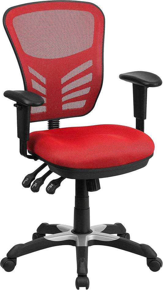 Flash Furniture Nicholas Mid-Back Red Mesh Multifunction Executive Swivel Ergonomic Office Chair with Adjustable Arms