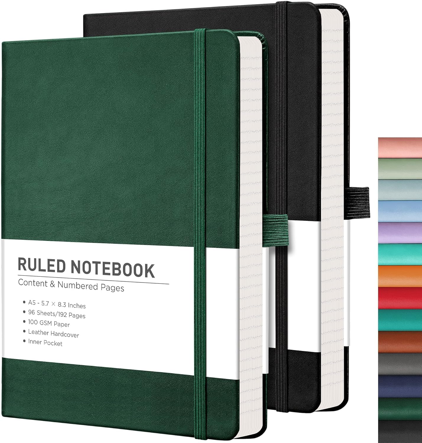 RETTACY Lined Journal Notebook, 2-Pack, 192 Numbered Pages per Pack, A5 Medium Size (5.7'' x 8.3''), for Men & Women, Writing, Work, Leather Hardcover, 100 GSM Thick Paper (Black & Dark Green)