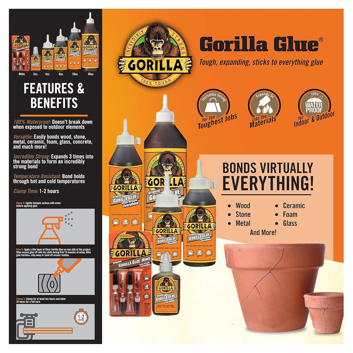 Gorilla Original Gorilla Glue, Brown, Waterproof Polyurethane Glue, 18 Ounce (Pack of 1) - Expands Into Materials, All Purpose