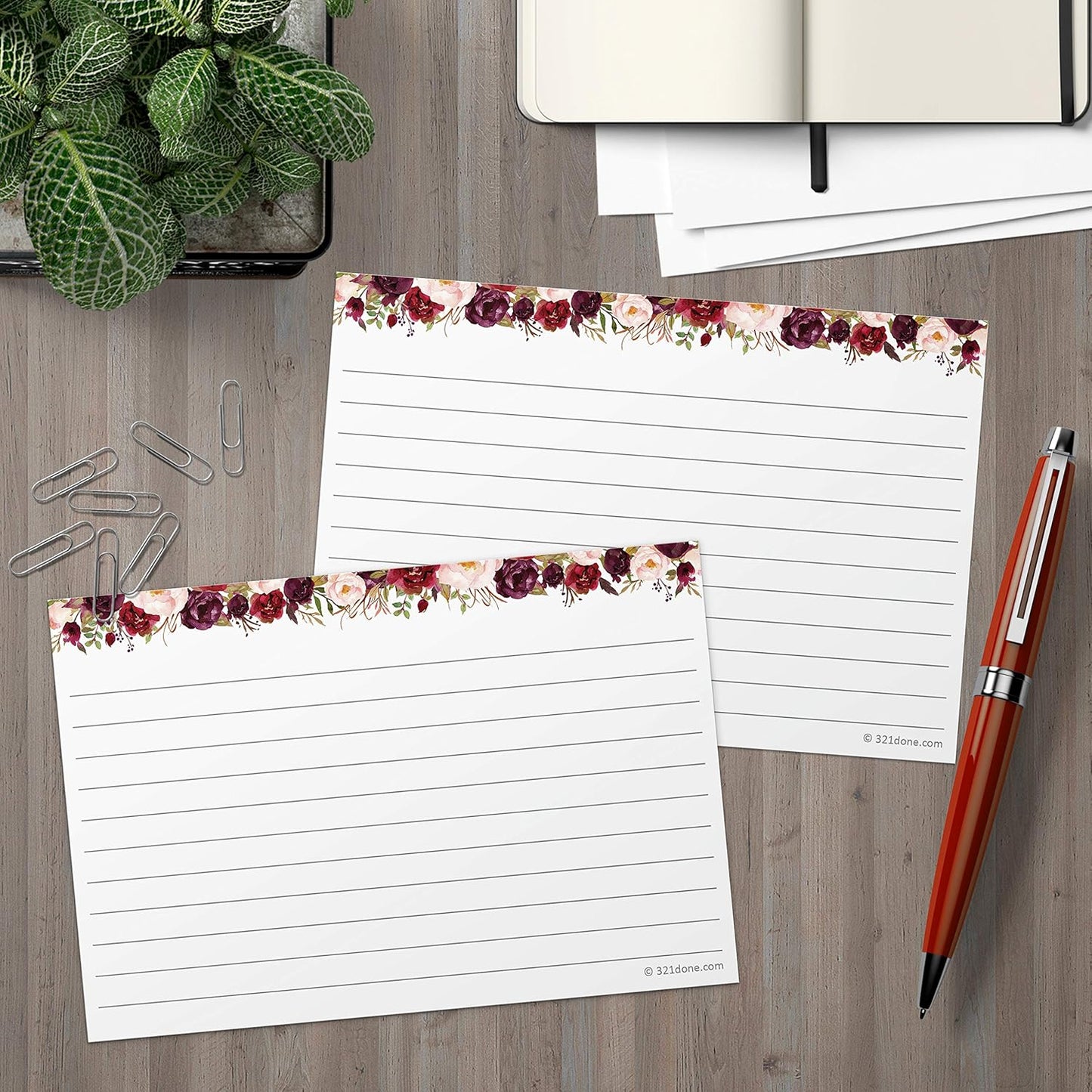 321Done Floral Ruled Index Cards - Made in USA - Large 4x6 (Set of 50), College-Ruled Lined Notecards Double-Sided, Thick Heavy Duty Cardstock, Cute Pretty Flowers Red Roses on White Note Cards Lines