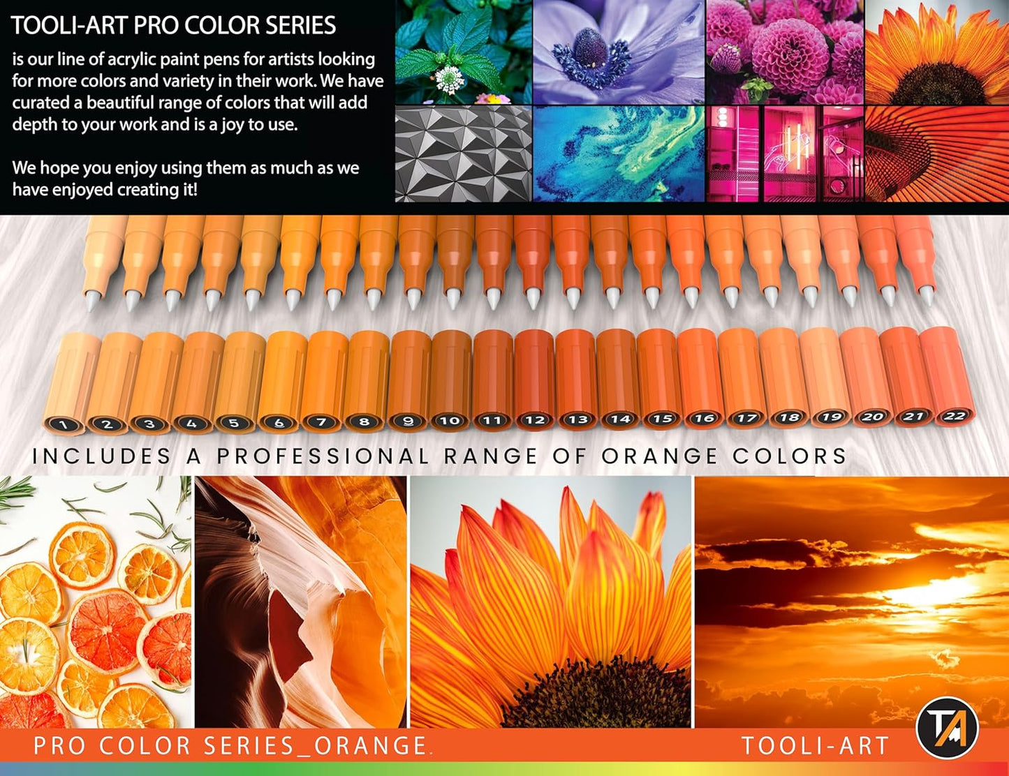 Acrylic Paint Pens 22 Orange Tones Assorted Pro Color Series Markers Set 0.7mm Extra Fine Tip for Rock Painting, Glass, Mugs, Wood, Metal, Canvas, Projects, Non Toxic, Waterbased, Quick Drying