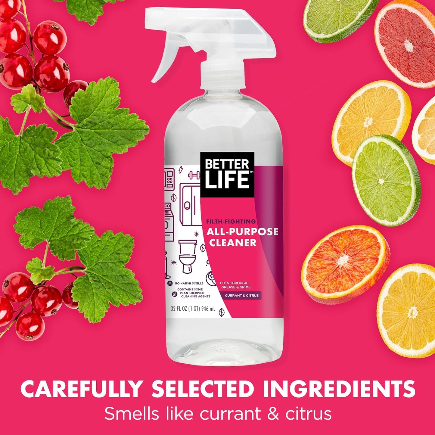 Better Life Multi Surface Cleaner - Plant Derived Cleaner Spray, Non-Toxic All Purpose Cleaners, Eco-Friendly Non Toxic Cleaning Supplies for Home, Currant and Citrus Scent, 32 Fl Oz * 2