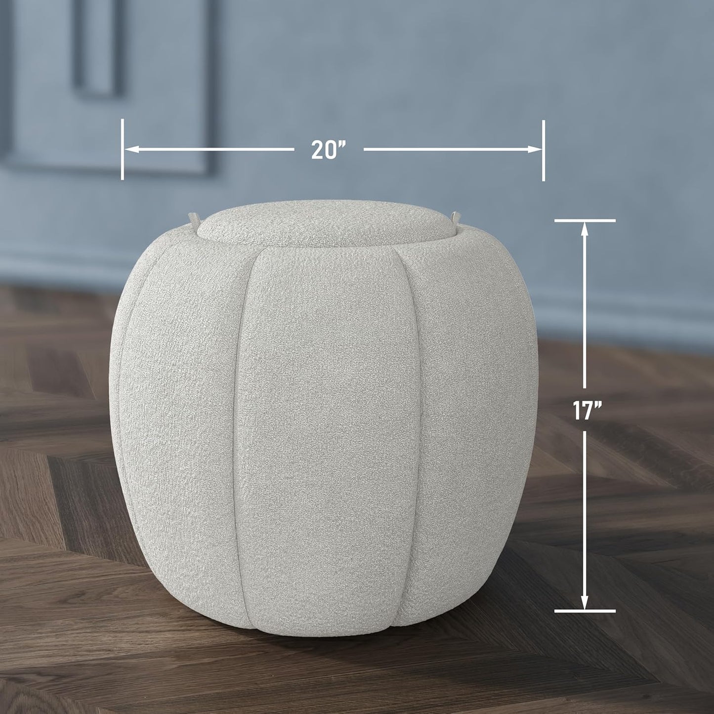 Storage Ottoman, Round Ottoman with Storage, Upholstered Soft Vanity Stool for Living Room, Foot Stool for Bedroom, Entryway (Light Gray)