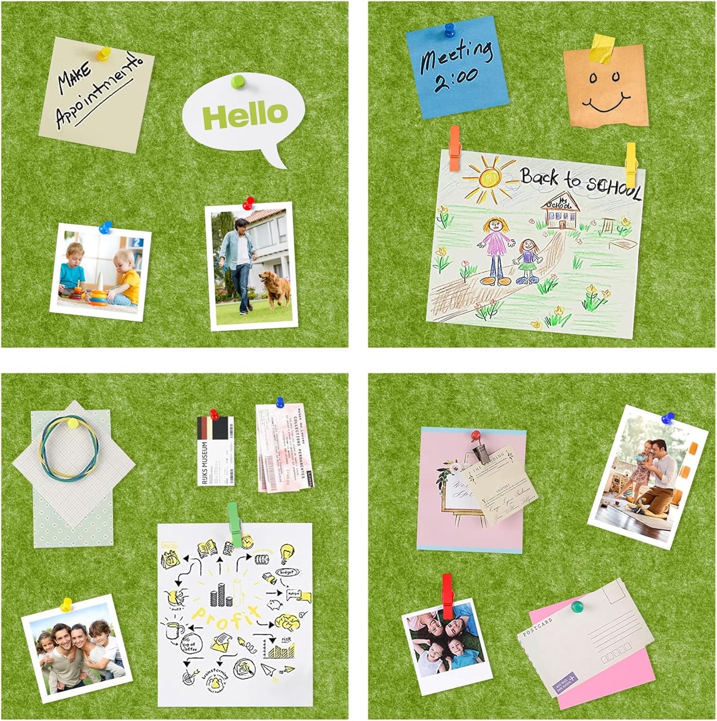 AKTOP Cork Bulletin Board 12x12, 1/2" Thick Felt Cork Board Tiles 6 Pack, Small Square Pin Board for Wall, Self Adhesive Corkboards with 60 Push Pin Wood Clips for School, Home & Office, Green