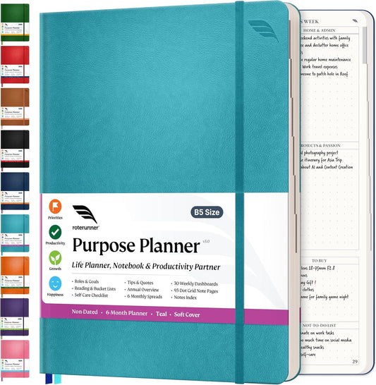 Roterunner Purpose Planner Notebook B5 7.5”x9.8” Undated Planner 2025 Daily Weekly and Monthly Productivity Goal Setting Tool for Work Home