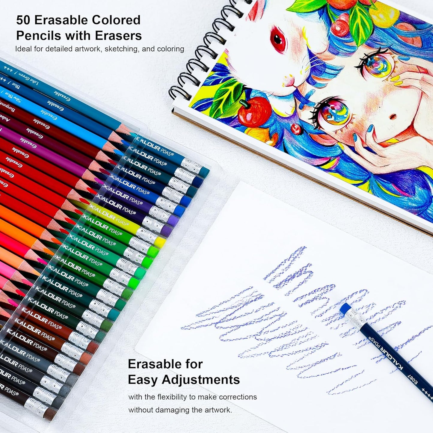 KALOUR 50 Colors Erasable Colored Pencils Set - Easy to Erase, Vibrant and Smooth Coloring Pencils with Erasers - Ideal for Drawing, Sketching, and Coloring Books -Perfect for Adults Beginners Artists