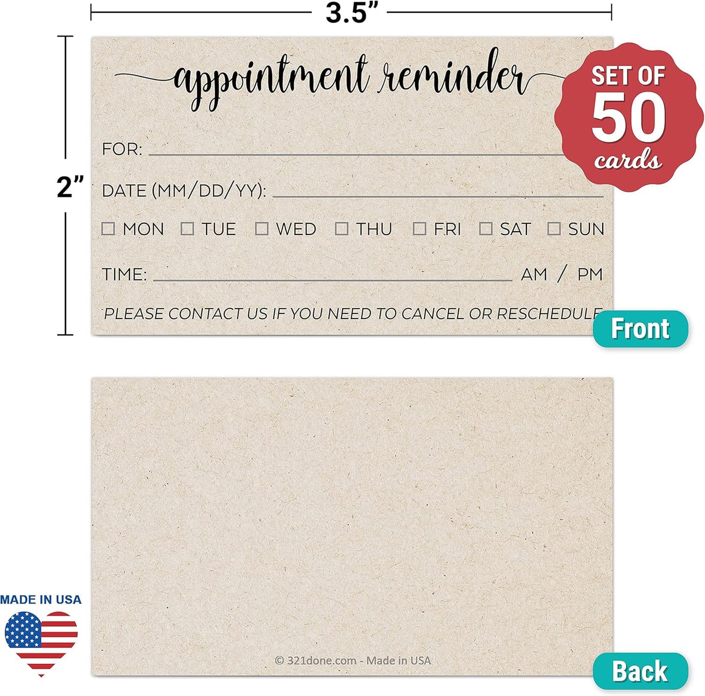 321Done Appointment Reminder Card (50) Kraft Tan 2x3.5 - Business Card Size Your Next Appointment for Hair Nail Salon, Spa, Massage, Hairdresser, Grooming, Doctor, Dentist Office - Simple, Cute