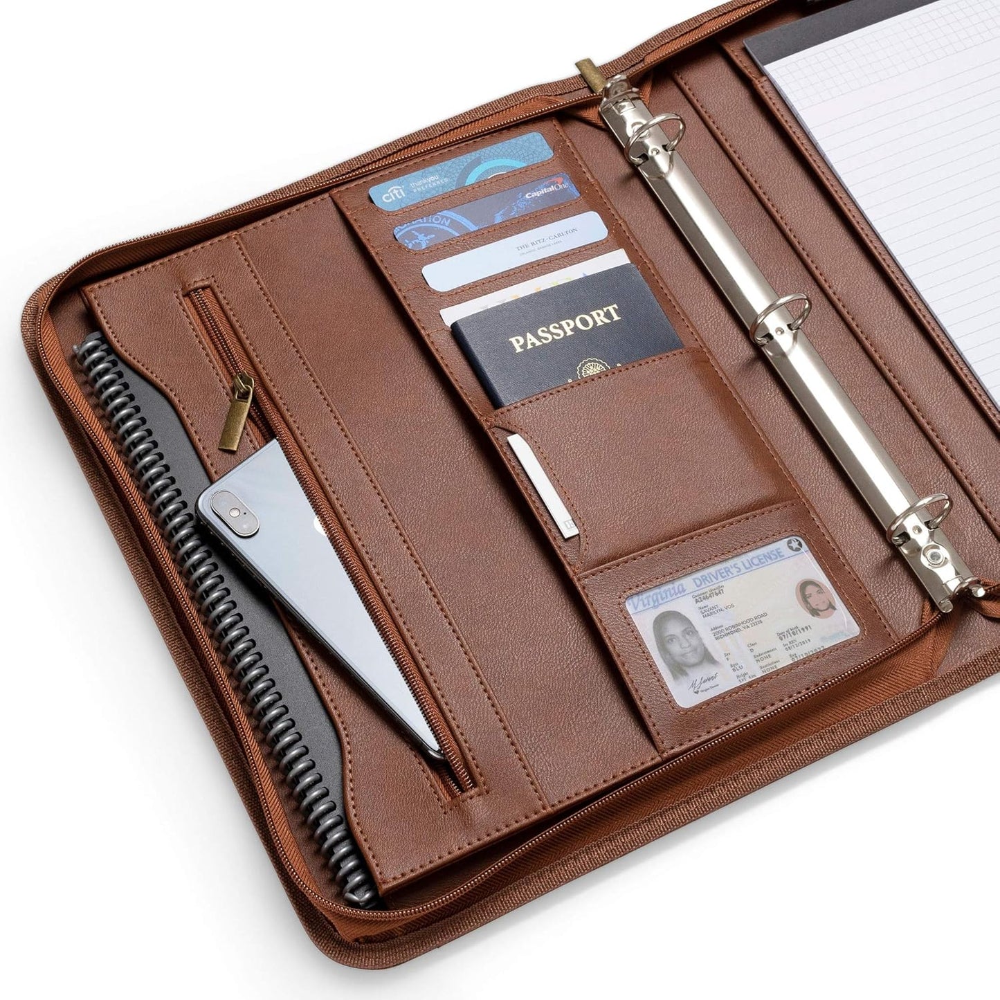 Portfolio Organizer - 3 Ring Binder with Notepad - 1.5 Inch Rings - Zippered Storage Pockets for Papers, Travel Documents, Presentation Folder, Cards, Passport, Tickets - Brown
