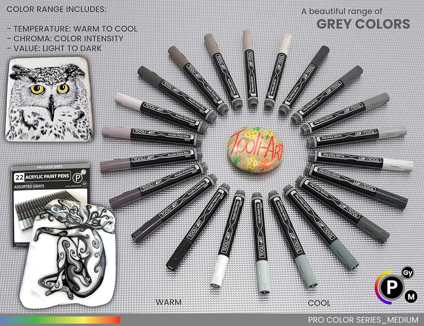 TOOLI-ART 22 Acrylic Paint Markers Paint Pens Pro Color Series Set 3mm Medium Tip for Rock Painting, Glass, Mugs, Wood, Metal, Glass Paint, Canvas, DIY. Non Toxic, Waterbased, Quick Drying (GRAYS)