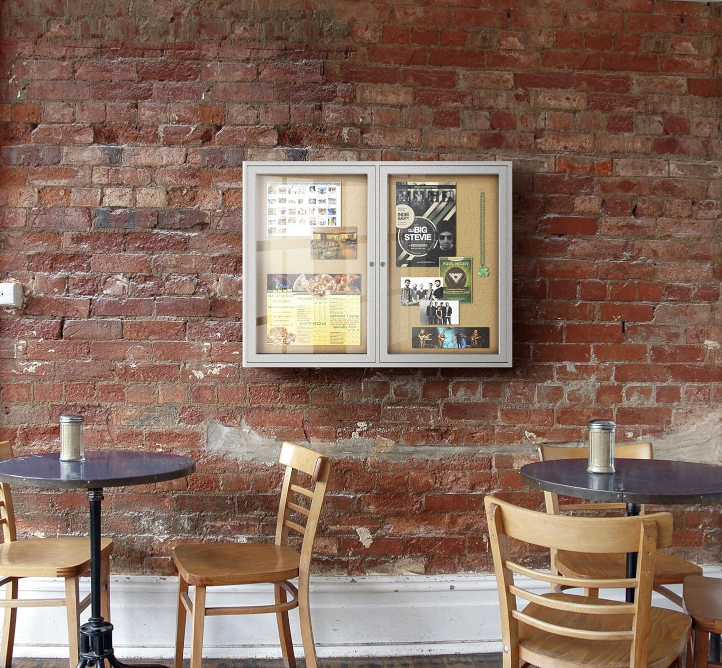 Ghent 36" x 72" 3-Door Indoor Enclosed Bulletin Board with Lock, Cork Material, Shatter Resistant Acrylic Panels, Made in the USA, Satin Aluminum Frame