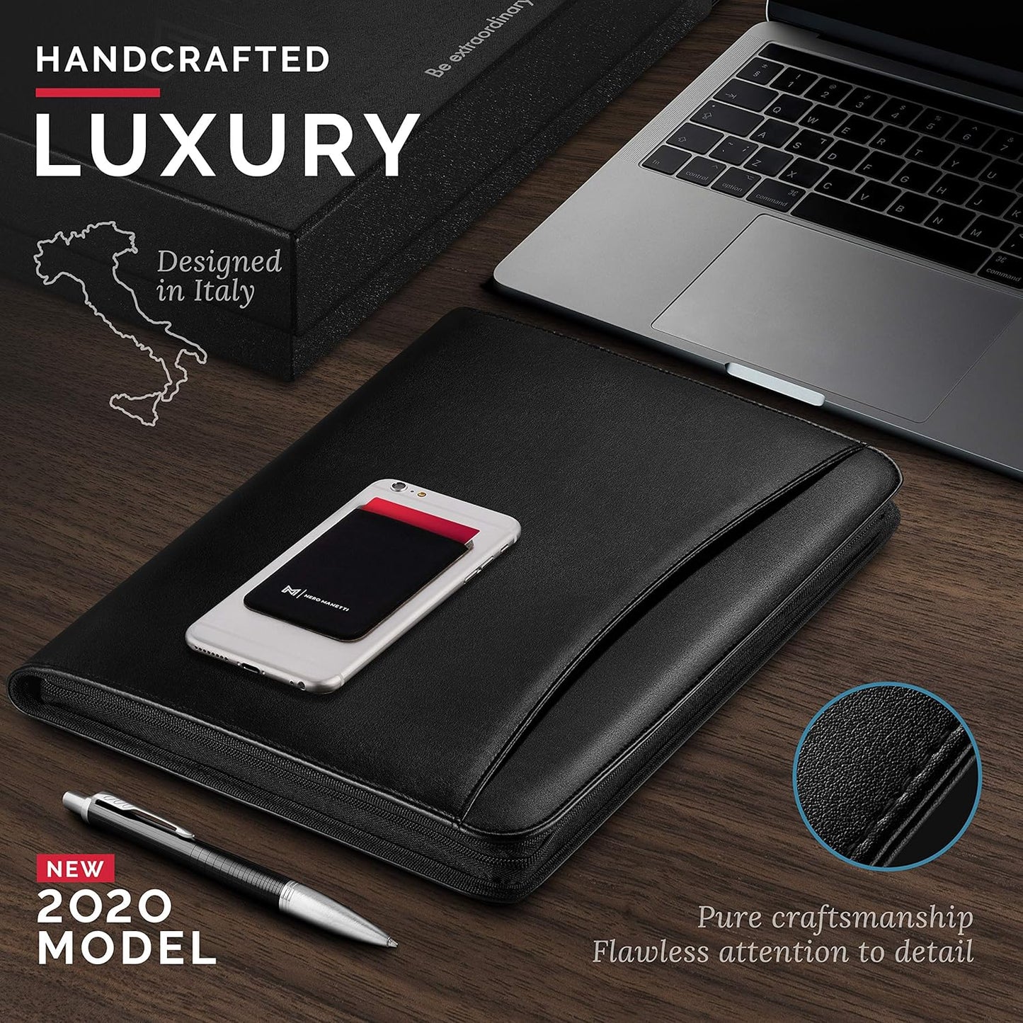 NERO MANETTI- Zippered Vegan Leather Padfolio/Portfolio Pad Holder-Business PU Leather Notepad Folder for Resumes, Interviews, iPad/Tablet, Phone, Legal Pad Notebook Executive Binder for Women, Men