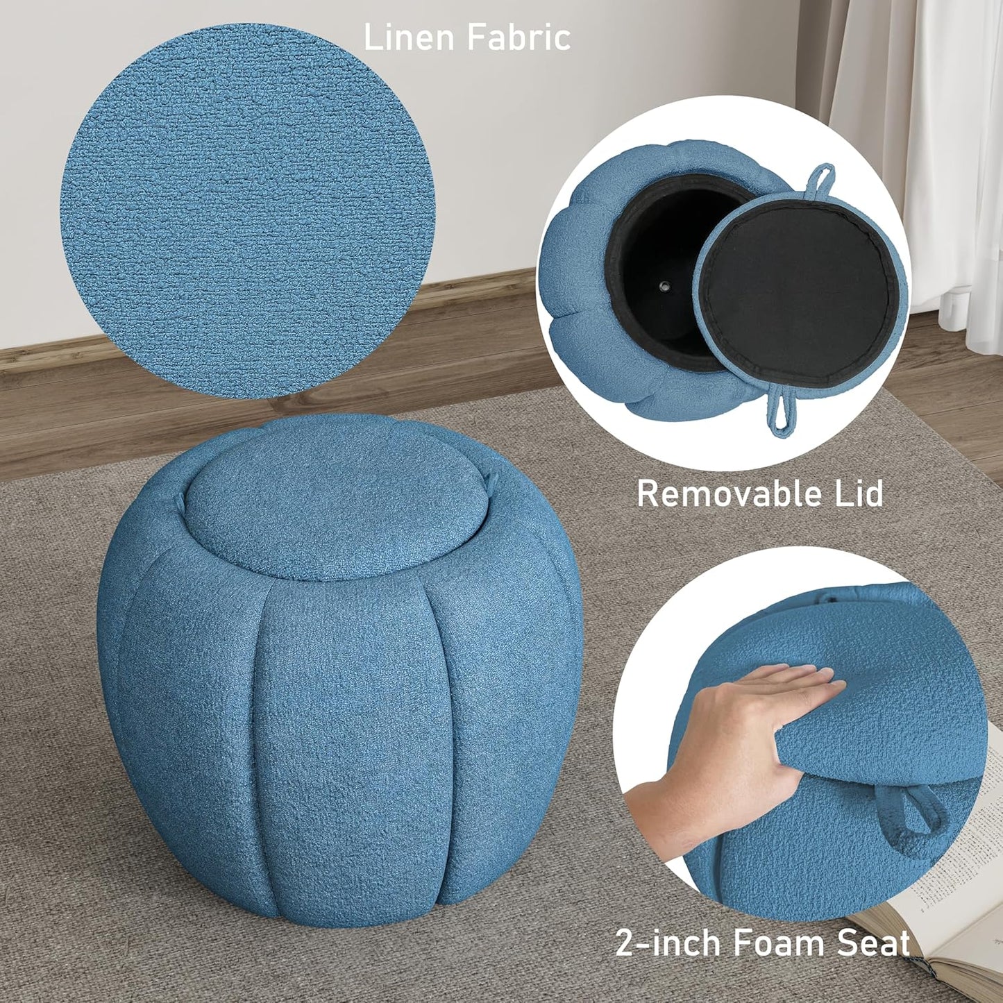 Storage Ottoman, Round Ottoman with Storage, Upholstered Soft Vanity Stool for Living Room, Foot Stool Ottoman for Bedroom, Entryway (Navy Blue)