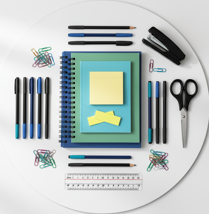 circle photo of office supplies, make a real photo